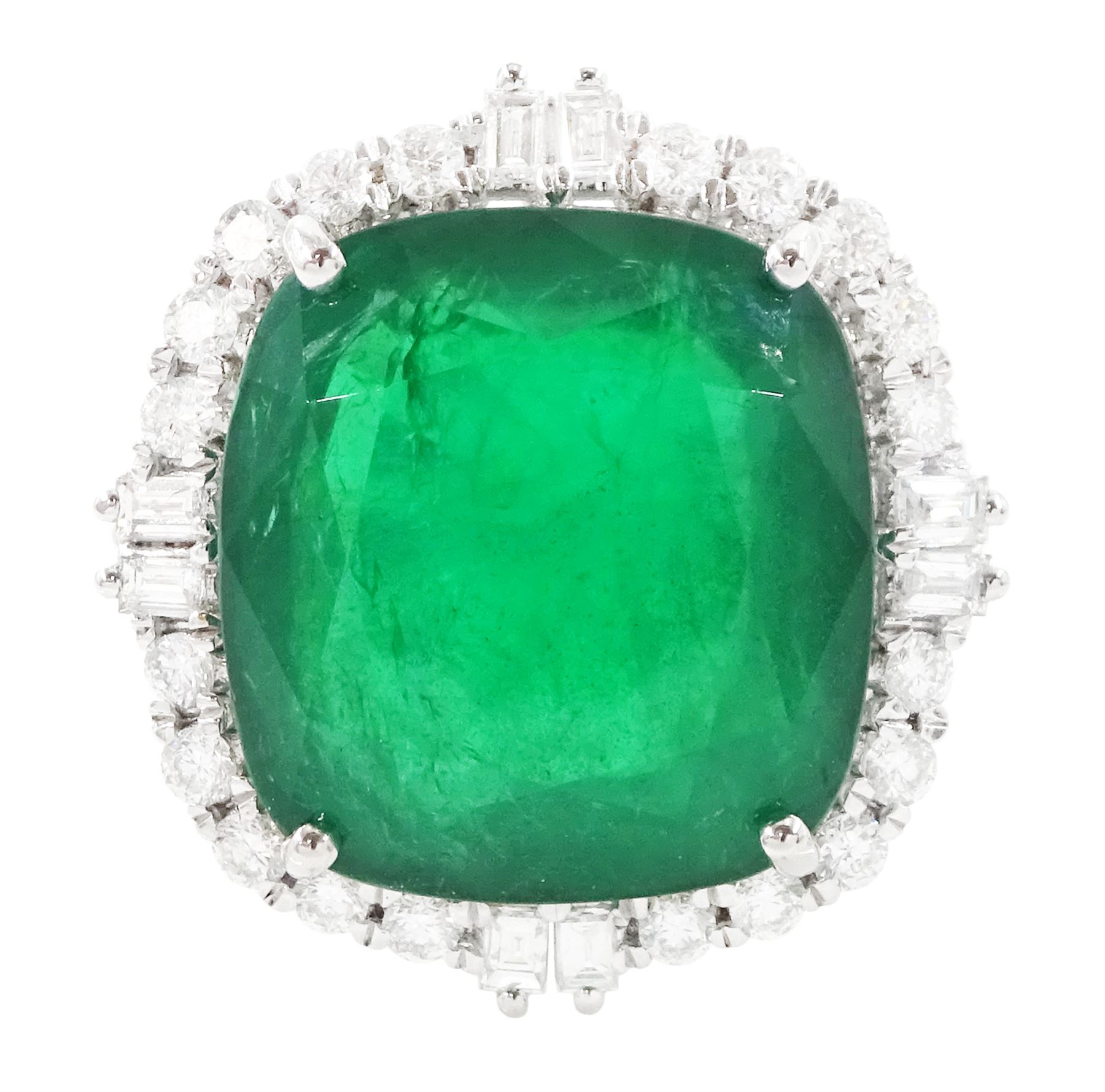 18ct white gold emerald and diamond cluster ring, single cushion cut emerald of approx 13.20 carat, with round brilliant cut and baguette cut diamond surround and shoulders, stamped, total diamond weight approx 0.80 carat
