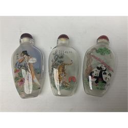 Seven Chinese glass snuff bottles painted with figures and animals, together with three wood mounted bone examples