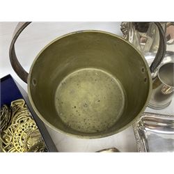Brass jam pan, D28cm, quantity of horse brasses, silver-plate, and pewter tankards
