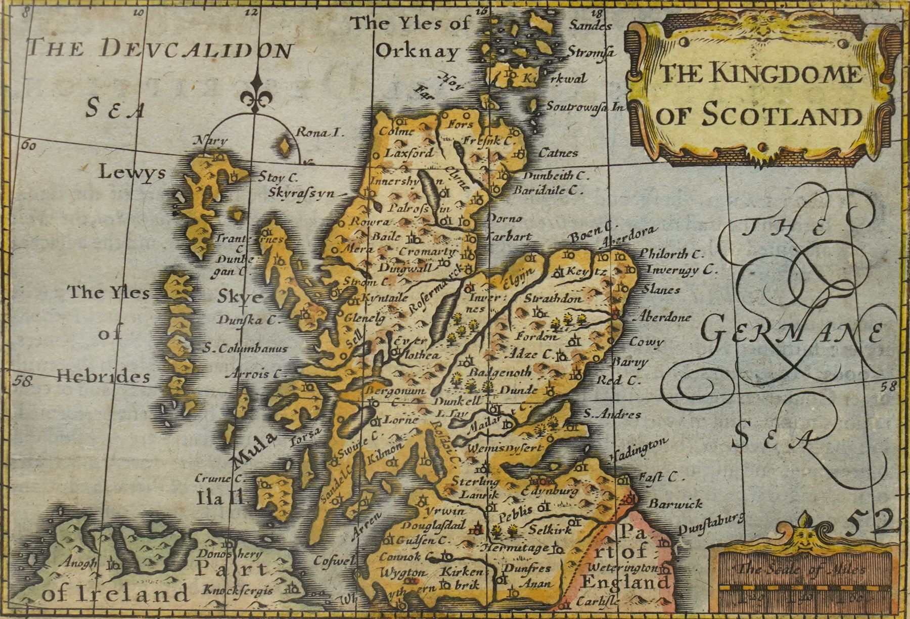 John Speed (British 1552-1629): 'England Wales Scotland and Ireland Described and Abridged', frontispiece and set of four engraved maps with hand-colouring of the British Isles from the miniature pocket-sized edition pub. c.1666, 9cm x 13cm (5)