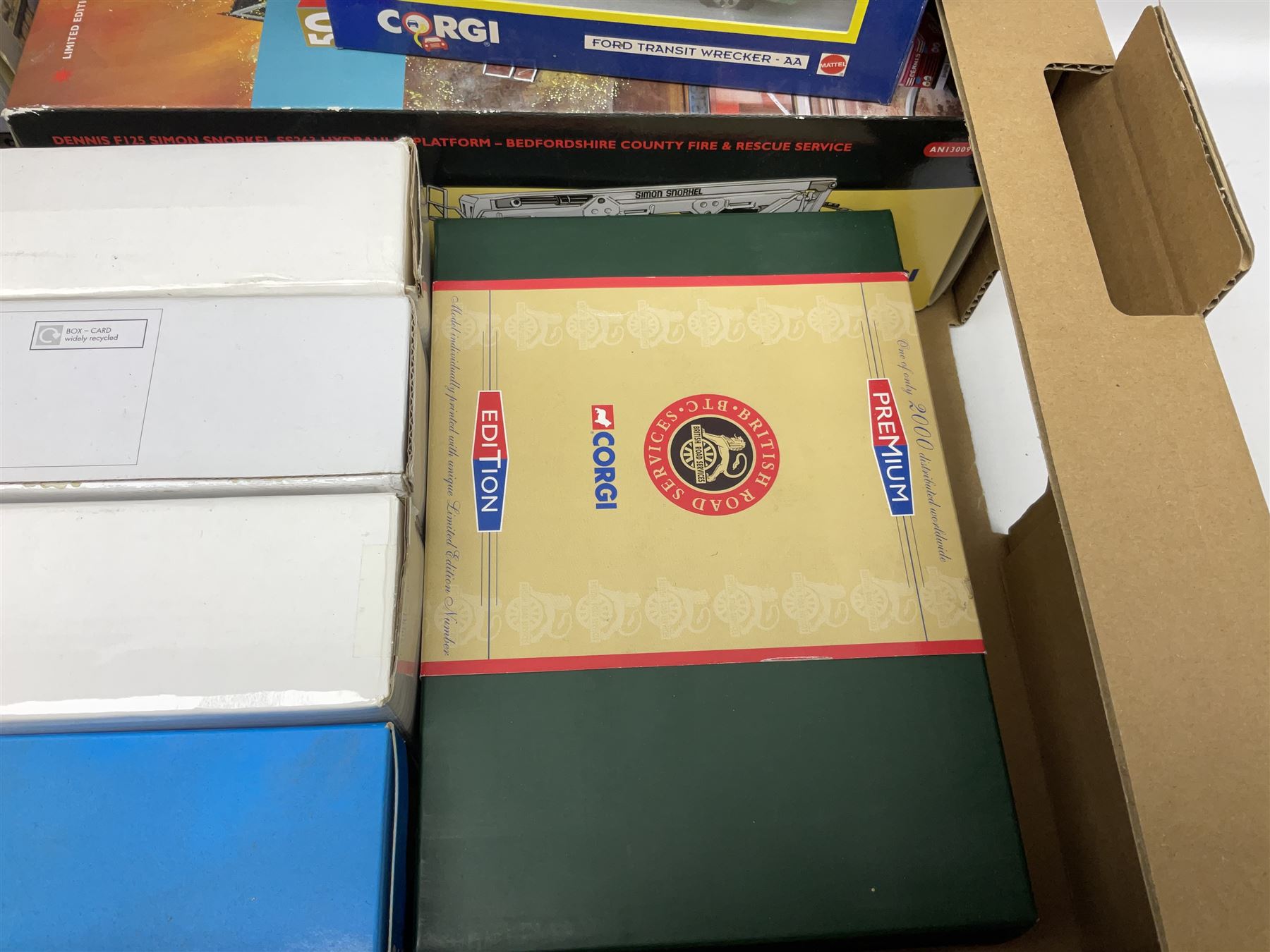 Corgi Limited Edition scale die-cast models including a Ford Transit Wrecker - AA, 50th Anniversary 1:50 scale model; AN13009 Dennis F125 Simon Snorkel SS263,  limited edition 1:50 scale Austin 4 wheel Platform Lorry in BRS livery, Guy Invincible 8 Wheel Platform Lorry and others, all boxed (20)