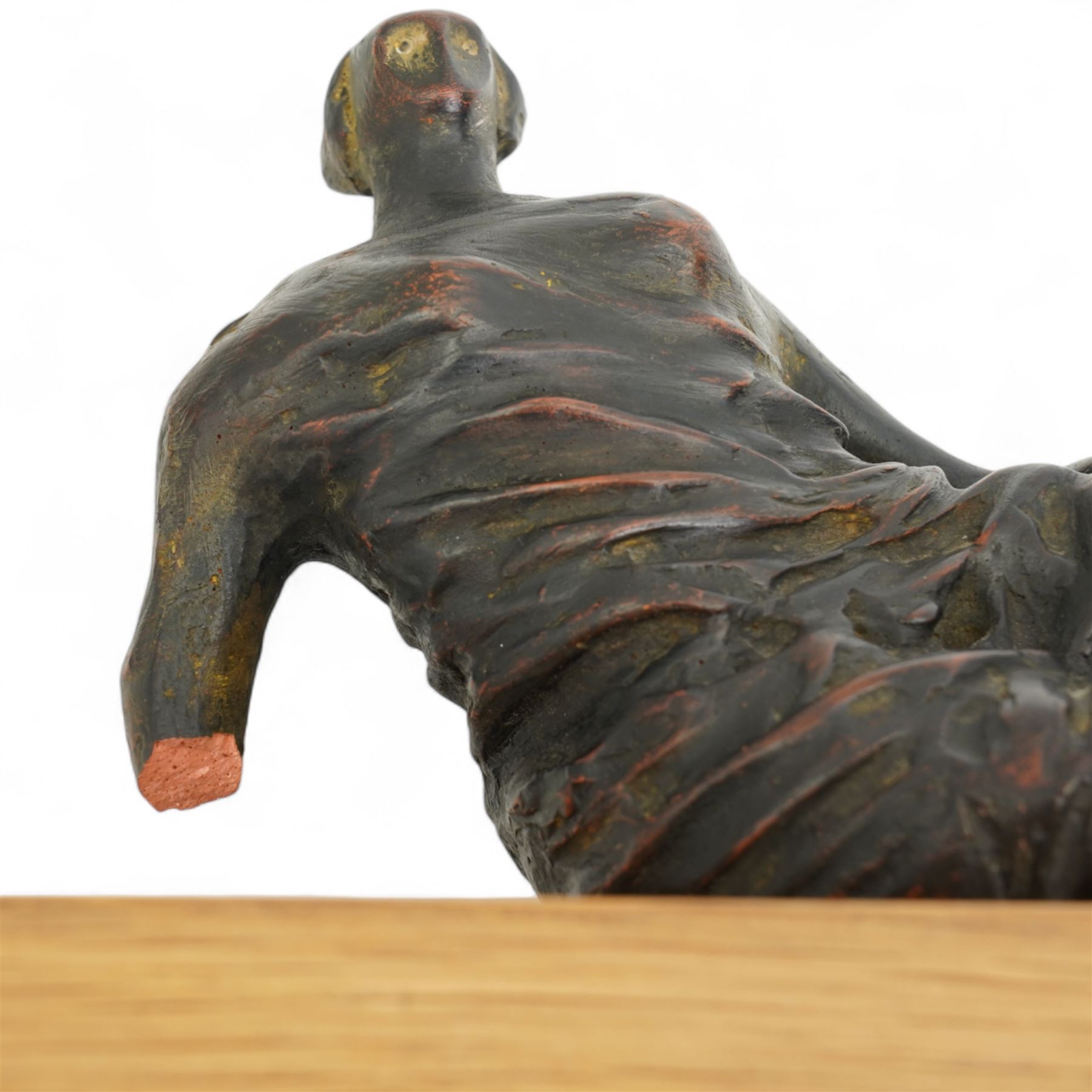 After Henry Moore (British 1898-1986): ‘Draped Reclining Woman', terracotta maquette sculpture, base marked with affixed catalogue label inscribed 'Draped Reclining Woman: 1957 Archive 0059424', W27cm H17cm