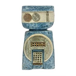 Large Troika double base vase, decorated with geometric design upon a blue ground, designed by Annette Walters, with painted marks beneath, H36cm  