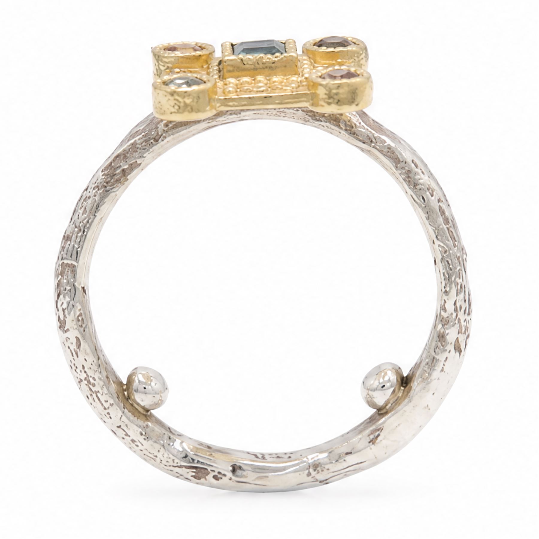 18ct gold and silver blue topaz, sapphire diamond dress ring, square cut blue topaz, surrounded by round brilliant cut diamonds, the corners set with green and orange / brown sapphires,stamped 18K 925