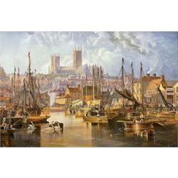 After John Wilson Carmichael (British 1800-1868): 'The Brayford Pool and Lincoln Cathedral', oil on canvas inscribed 49cm x 74cm