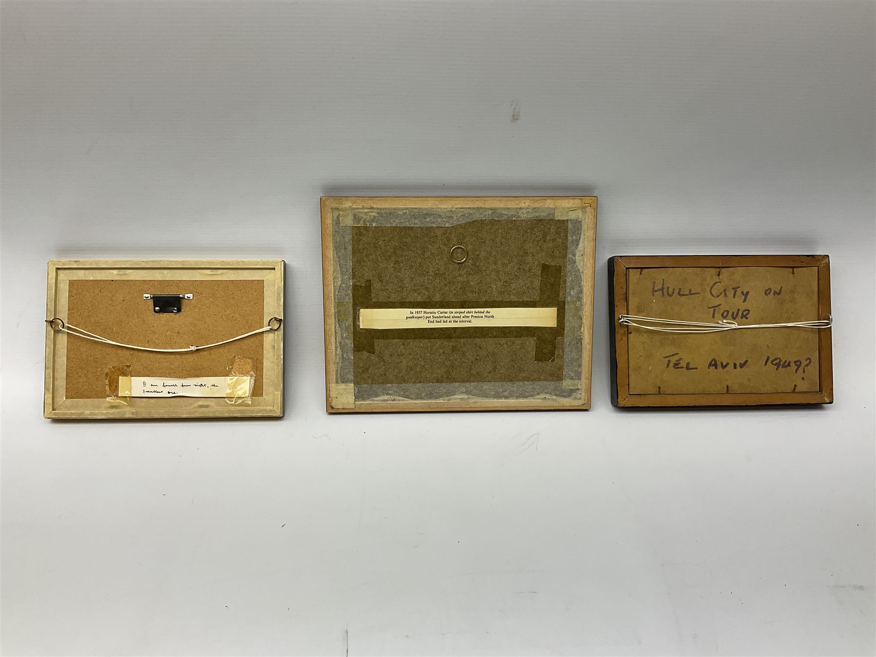 Limited edition First Day Cover 1987 for Sunderland's 50th Anniversary of Winning the F.A. Cup; signed by Raich Carter and Bobby Gurney No.1sp/500; limited edition First Day Cover 1993 to celebrate Raich Carter's 80th Birthday No.1aSp/100; photograph of the RAF XI v Scotland team including Carter and Stanley Matthews; photograph of Carter scoring against Preston N.E. in 1937; photograph of the Hull City squad on tour to Tel Aviv 1949; and photographic print entitled 'North v South Trial Match Bournemouth 2-4-27 Northern Boys' with manuscript note verso by Carter identifying which is him; all framed; Provenance: By direct descent from the family of Raich Carter having been consigned by his daughter Jane Carter (6)