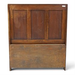 Early 20th century oak box settle, panelled back with arcaded carved rail, swept sides and arms, hinged seat with storage, panelled front