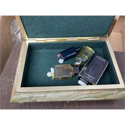 Onyx box with claw feet, together with gilt framed mirror, cut glass vase and other collectables, in three boxes 