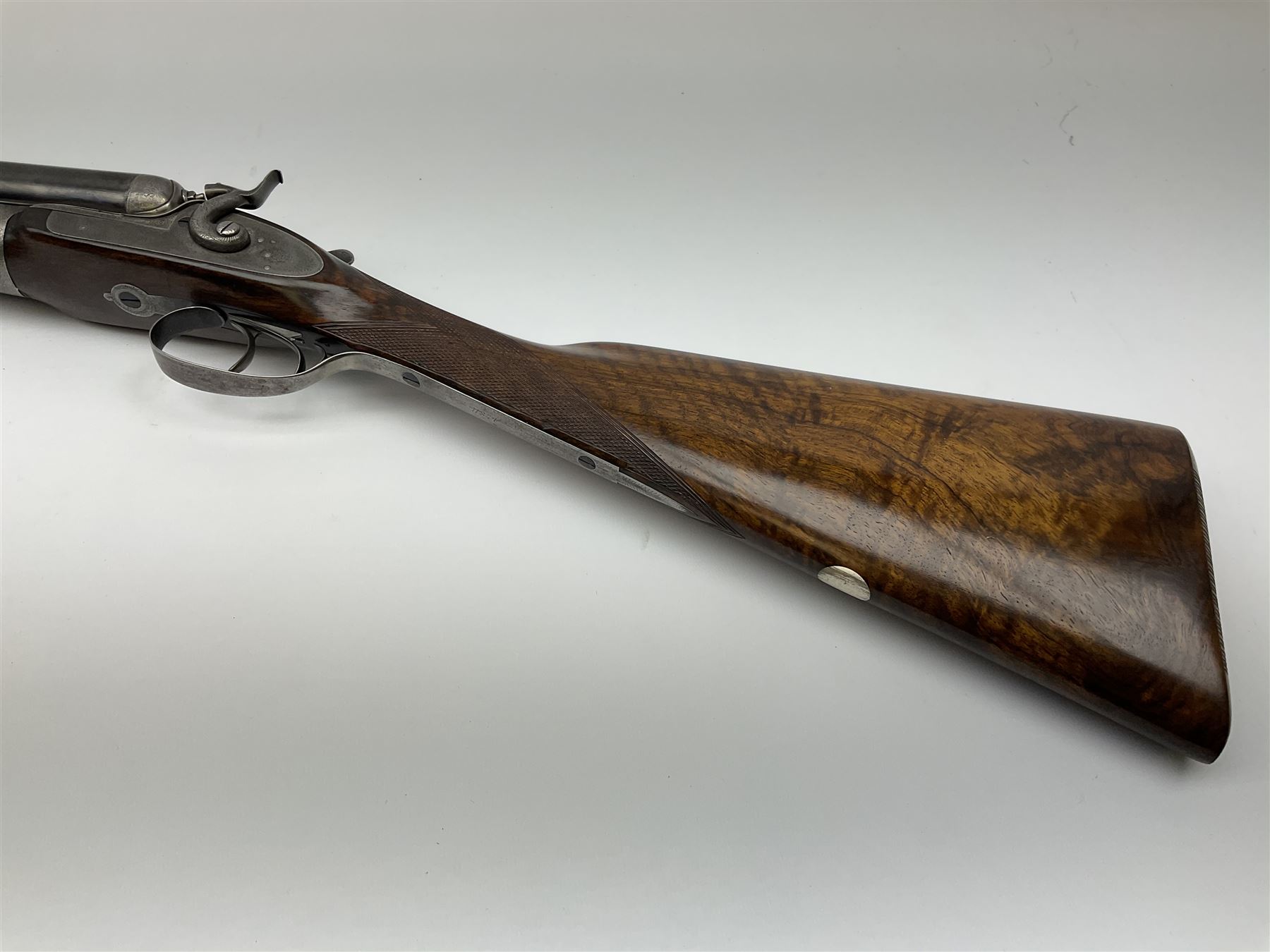 19th century Purdey 12-bore side-by-side double barrel black powder hammer gun, 76cm cylinder bored un-choked barrels with 2.5