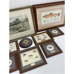 Framed and named reproduction fishing flies including 'Blue Doctor', 'Silver Wilkinson', 'Thunder & Lightening', 'The Spey Valley Collection', various other framed flies, a British Field Sports Society Golden Jubilee brass and wood plaque (possibly adapted from a horse brass) and a framed hand-coloured lithograph titled 'Partridge Shooting.'