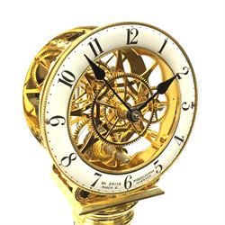 After William Smith of Musselburgh - Contemporary brass skeleton clock, circular enamel Arabic chapter ring signed 'Wm Smith, Musselburgh Maker & Inventor', spring driven fusee movement, on stepped circular black marble base and under glass dome, H60cm (including dome) 