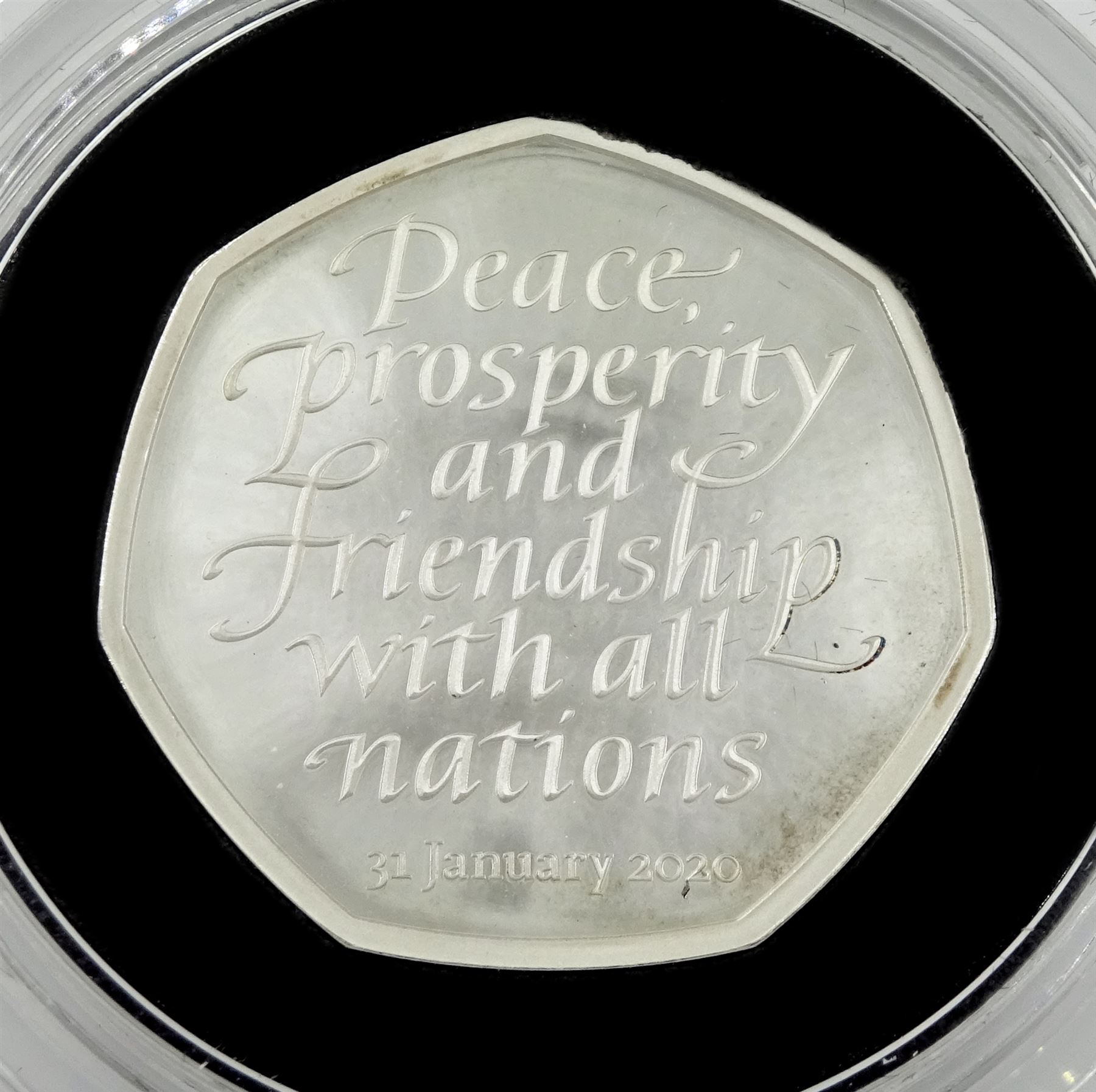 The Royal Mint 2020 'Withdrawal from the European Union' United Kingdom silver proof fifty pence coin, cased with certificate