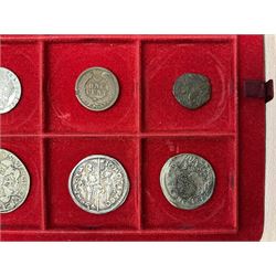 Ancient and later coinage, including silver denarius, United States of America 1853 gold one dollar coin (holed), France 1862 gold five francs (holed), hammered coins, Charles II 1675 sixpence (holed) etc, housed in a small case with coin trays