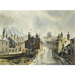 John Barrie Haste (British 1931-2011): Northern British Townscape with Figures, watercolou...