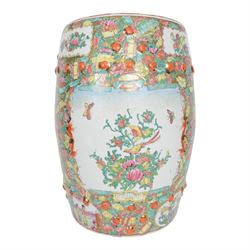  Chinese famille rose canton barrel shaped garden seat decorated with birds amongst foliage, figures and butterflies, H46cm