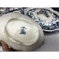 Late Victorian blue and white Chatsworth K Mayers & Co dinner wares, to include four lidded tureens, ladle, nine dinner plates, meat plate etc