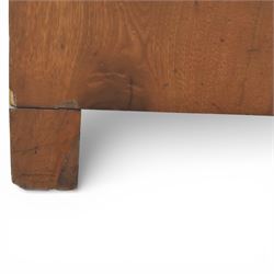 Late Victorian walnut and burr walnut chest of drawers, moulded top with rounded corners, finely figured burr walnut drawer fronts arranged as three long drawers, brass batwing handle plates, the lower section raised on turned bun feet