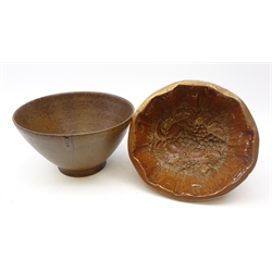  Large salt-glaze jelly mould with fruiting vines impressed 13, L26cm and early 20th century Royal Doulton stoneware brown glazed footed bowl impressed PM, D26cm (2)  