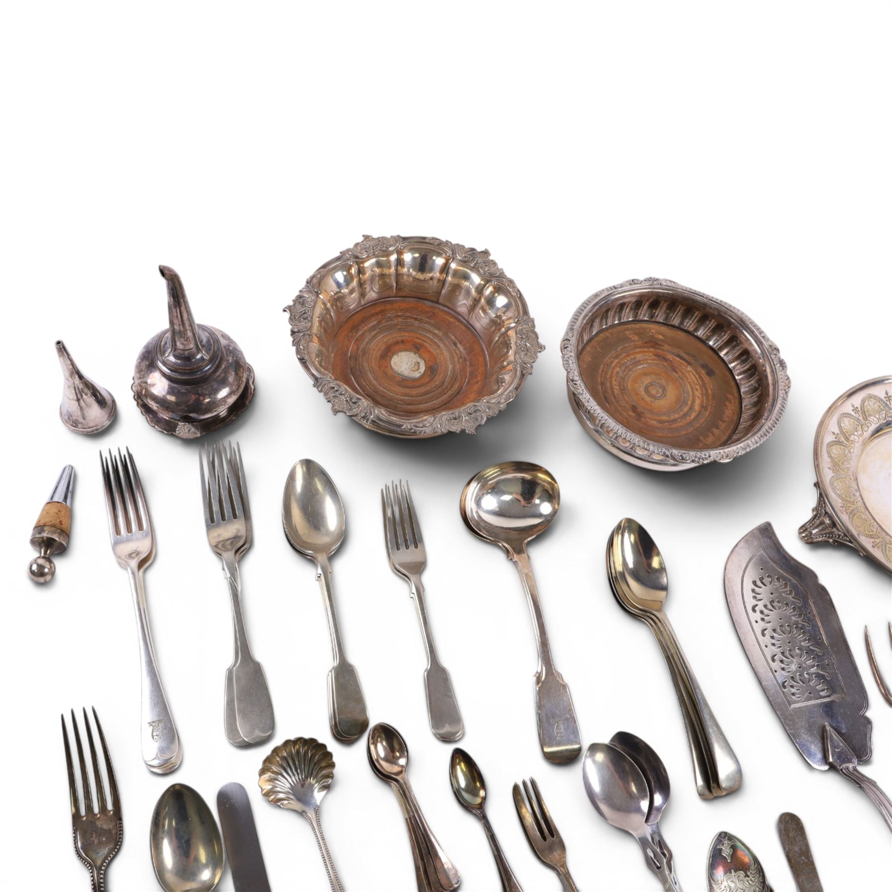 Silver plate, including waiter, two bottle coasters, funnel, cutlery, etc