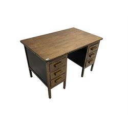 Early to mid-20th century oak twin pedestal desk, rectangular top over five drawers