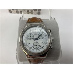 Swatch Irony chronograph stainless steel quartz wristwatch, on original tan leather strap and one other Irony quartz wristwatch, on stainless steel strap both boxed (2)