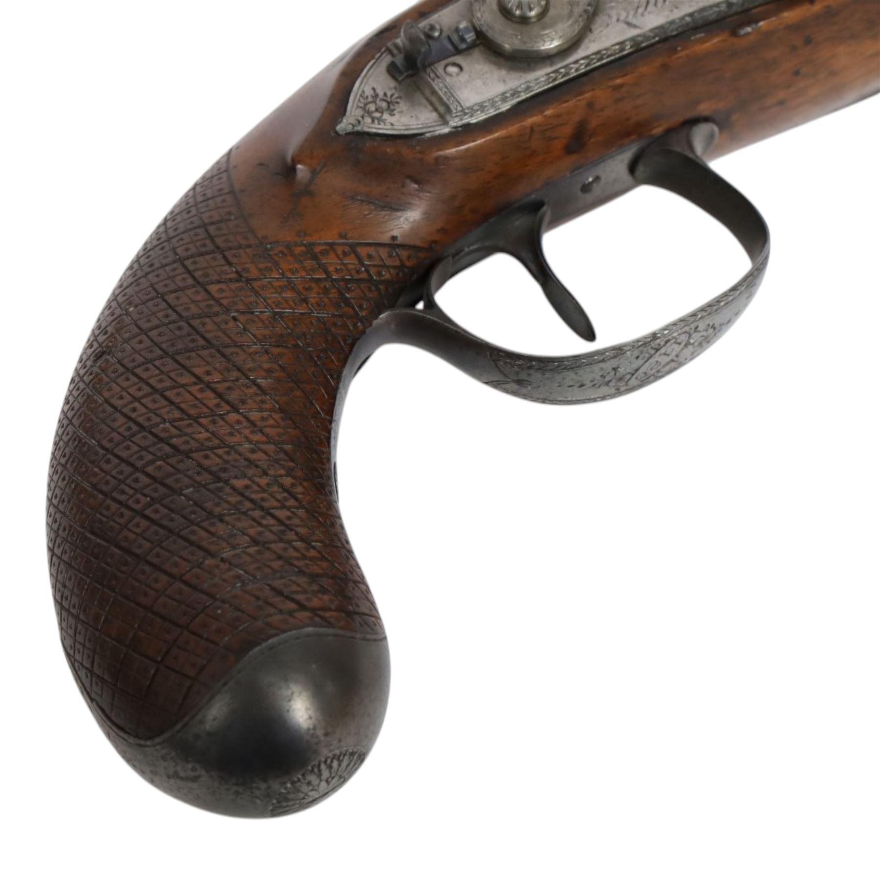 19th century British flintlock pistol by Tatham and Egg, with 21cms Damascus steel sighted barrel with original browning, marked along the top Tatham and Egg London, ramrod beneath, tang and trigger guard engraved with floral scrolls, figured walnut stock with chequered grip and steal butt plate, together with Dixon & Sons Sheffield, three way pistol powder flask, pistol overall L34cm