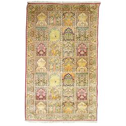 Late 20th-century Persian panel design silk and cotton blend rug, in pale tones of ivory, ...