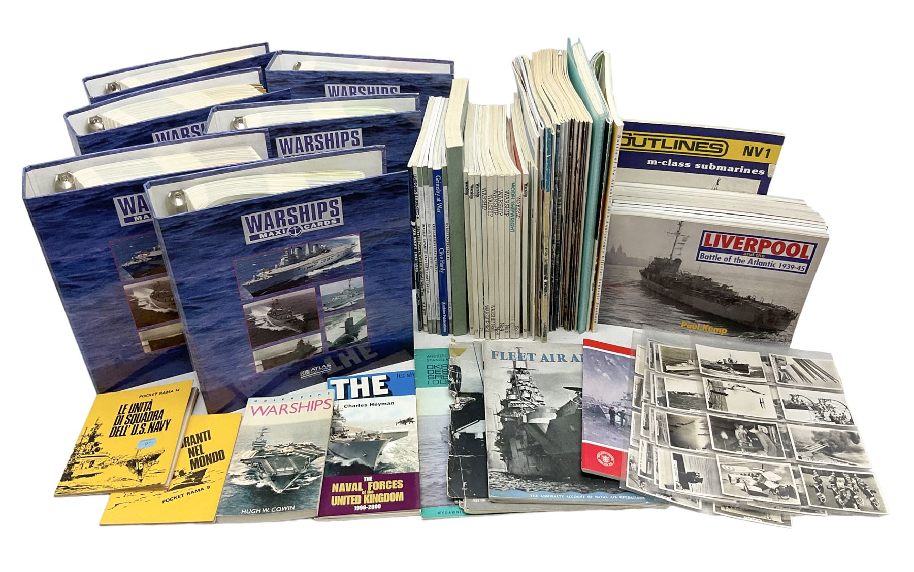 Six Atlas Editions ring binders of Warships Maxi Cards; and large quantity of booklets, cigarette cards etc of naval and shipping interest
