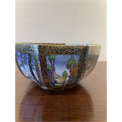 Early 20th century Wedgwood Fairland lustre bowl, circa 1920, of octagonal form, designed by Daisy Makeig-Jones, the exterior decorated in the Castle on the Road pattern, the interior decorated in the Fairy in a Cage pattern, pattern no Z5125, with printed marks beneath, H11cm D22.5cm

