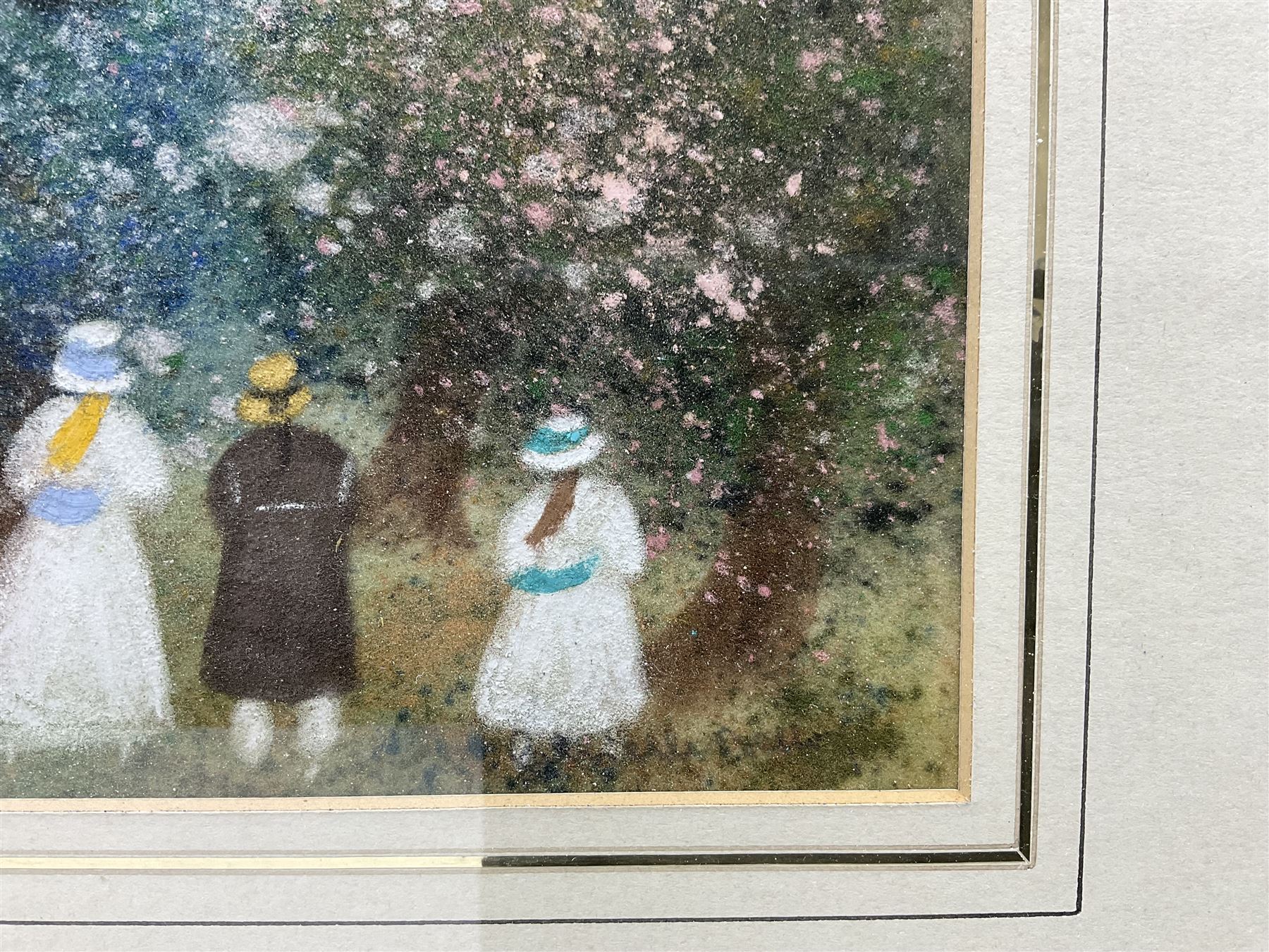 Gabrielle Bellocq (French 1920-1999): Figures Admiring Blossom, pastel signed 15cm x 21cm 
