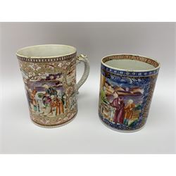 Two late 18th/early 19th century Chinese export tankards, each with dragon moulded handle, decorated in polychrome enamels with large figural panel, and smaller panels of birds and landscapes, within foliate and diaper work grounds, largest example H12cm D9cm