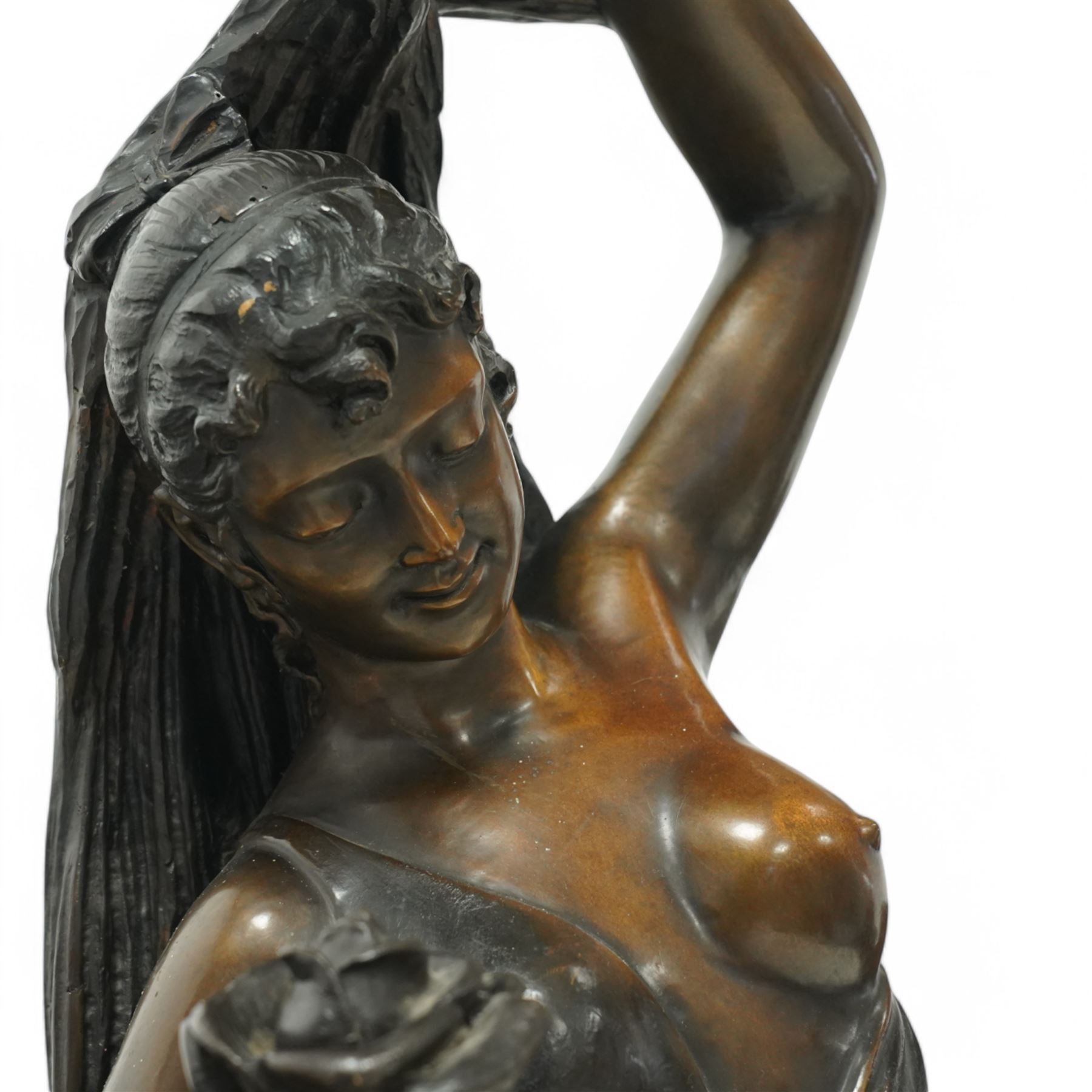 Giorgio Ceragioli (Italian 1861-1947): 'Danza Del Flori' -The Flower Dancer, large patinated bronze figure of a female dancer draped in a flowing garment and holding a rose, on a circular naturalistic floral base, on a marble plinth, signed and dated 1910, titled to the front, H140cm
