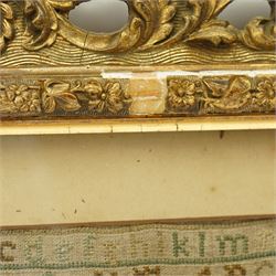 George II sampler, Dorothy Dethick, dated 1742, worked with bands of the alphabet, the lower section finely worked with various floral and foliate motifs, most likely examples of her practicing her technique, contained within ornately carved gilt frame 37.5cm x 21cm 
