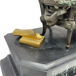 French - 19th century Belgium slate and marble 8-day mantle clock c1860, surmounted with a cast brass figure of the French poet  Ernest Legouve, holding a copy of his collection of poems 