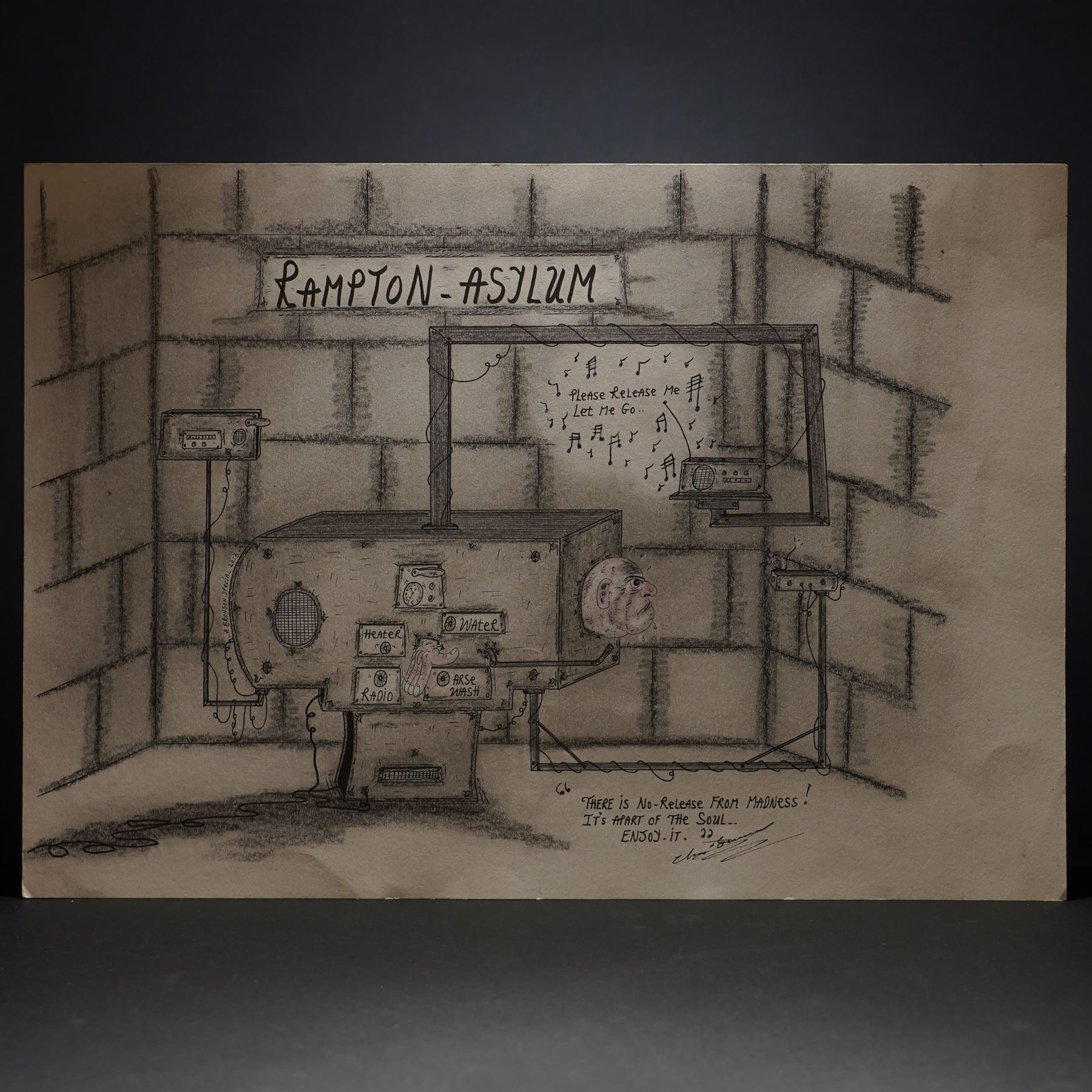 Charles Bronson (Charles Arthur Salvador) (British 1952-): A comprehensive collection of five hundred mixed media works executed between 2000 and 2025. Produced during the artist’s long-term incarceration, the works are primarily in ink, coloured pencil and mixed media on paper. The collection includes multiple formats: A5 (15 works), A4 (308 works), A3 (164 works) and A2 (13 works). Some are signed and dated; a number are executed on the reverse of official prison documents and other repurposed materials, reflecting the limited availability of art materials within the prison environment. This collection represents the largest body of the artist’s work to be offered as a single lot and has not previously been available on the market. (500) (unframed)

Notes: Dated examples span the period from 2000 to 2025, with the greatest concentration produced between 2012 and 2019 and including a group of recent large-scale works from the final years of the period; approximately twenty percent are undated.