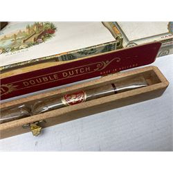 Victorian leather cigar protector with metal match striking plate on the end, and quantity of boxed cigars, comprising Willem II Churchill cigar, Willem II double dutch, Quintero Y Hno Habana cigars and Romeo Y Julieta, habana