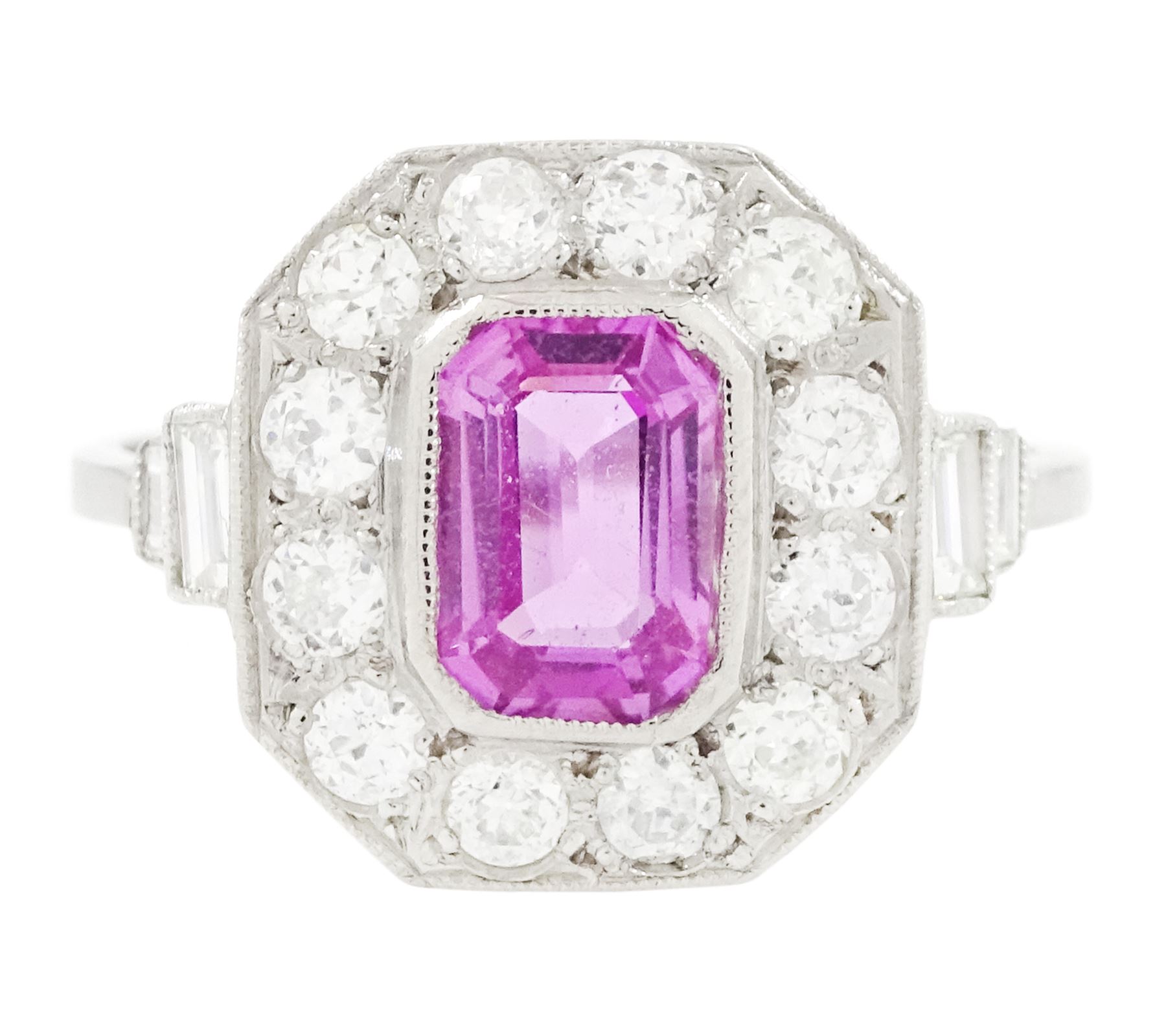 Platinum pink sapphire and diamond milgrain set cluster ring, single octagonal cut sapphire of approx 0.95 carat, surrounded by twelve old cut diamonds, with baguette cut diamond shoulders, stamped Plat, total diamond weight approx 0.70 carat