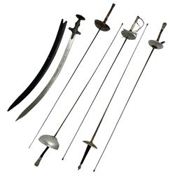 20th century Indian Tulwar sword with 71cm plain curving steel blade and iron hilt with extended langets, knopped grip and spiked pommel; in canvas covered wooden scabbard L87.5cm overall; together with five fencing swords comprising four foils and one epee, three marked Leon Paul, one in carrying case (6)