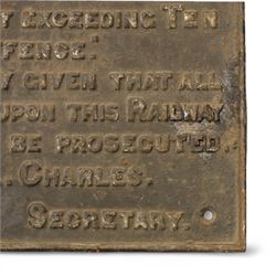 Late Victorian cast iron Midland Railway trespassing sign, dated June 1899, H51cm, W68cm