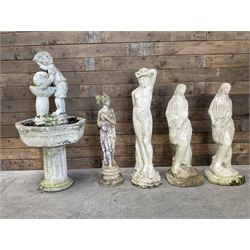 Four cast stone maiden figures, small bird bath and planter