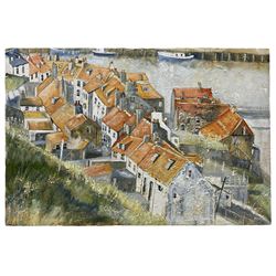 Sue Nichol (Northern British Contemporary): Roof Tops Henrietta Street Whitby, oil on canvas signed and dated '13, 60cm x 90cm (unframed)