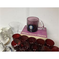 Twin handled sucrier with cover, in the manner of Thomas Grainger for Royal Worcester, together with Wedgwood Medina pattern coffee cans and saucers, a set of ten ruby glasses and a Wedgwood cameo glass tankard etc