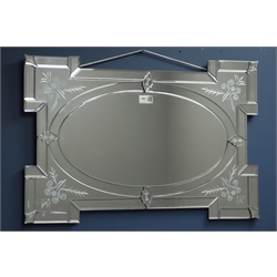  Venetian style wall mirror with bevelled plates, etched scrolled decoration, 67cm x 45cm  