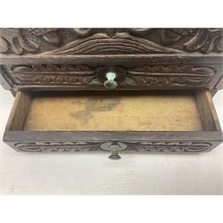 Late 19th century carved oak candle box with two drawers H39.5cm