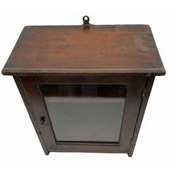 Mahogany wall cabinet with a glass front, H42cm D17cm, together with a small wooden blanket chest, H33cm, L53.5cm. 