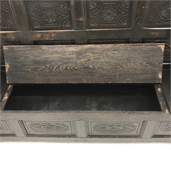 18th century carved oak settle bench,  raised panel back, single hinged seat lid, square supports, W166cm
