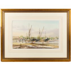 David C Bell (British 1950-): ‘Barges Under Repair – The Hard Pin Mill’, watercolour signed and dated 1990, titled verso 29cm x 48cm