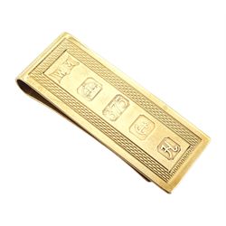 9ct gold money clip, engine turned decoration by William H Manton, Birmingham 1982, approx 15.34gm
