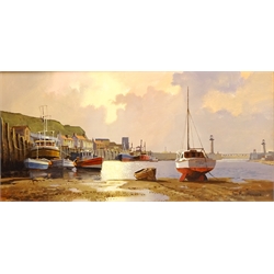  Whitby Harbour, oil on canvas signed by Don Micklethwaite (British 1936-) 30cm x 60cm  
