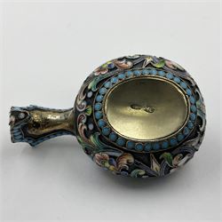 Late 19th century Russian silver kovsh, the body with polychrome cloisonne enamel floral decoration and turquoise enamel bead borders to base and handle, marked beneath with Kokoshnik mark, 84 standard, makers mark MC, possibly for Mikhail Fyodorovich Sokolov, L7cm, H3cm